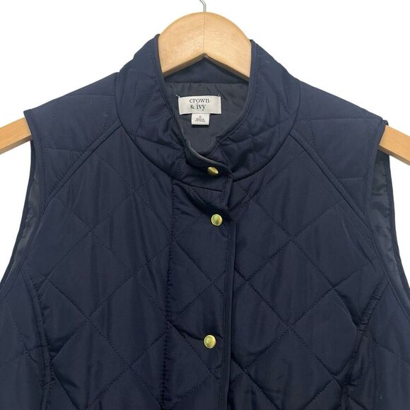 Crown & Ivy Women’s Quilted Full Zip Vest Snap Buttons Navy Blue Outdoor Size S - Picture 5 of 9